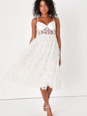 Lulus Darling Romance White Gold Tulle Floral Applique Bustier Midi Dress XL NWT